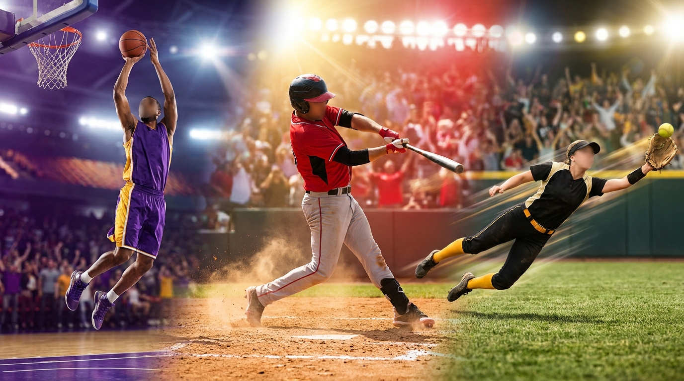 College sports action montage showing athletes in LSU purple and gold, Georgia red and black, and Missouri black and gold in mid-action