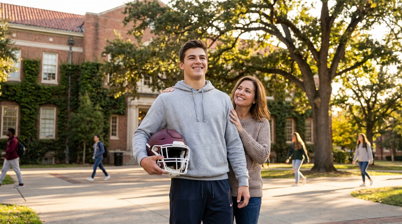 Confident young football recruit and his mother on a sunny college campus