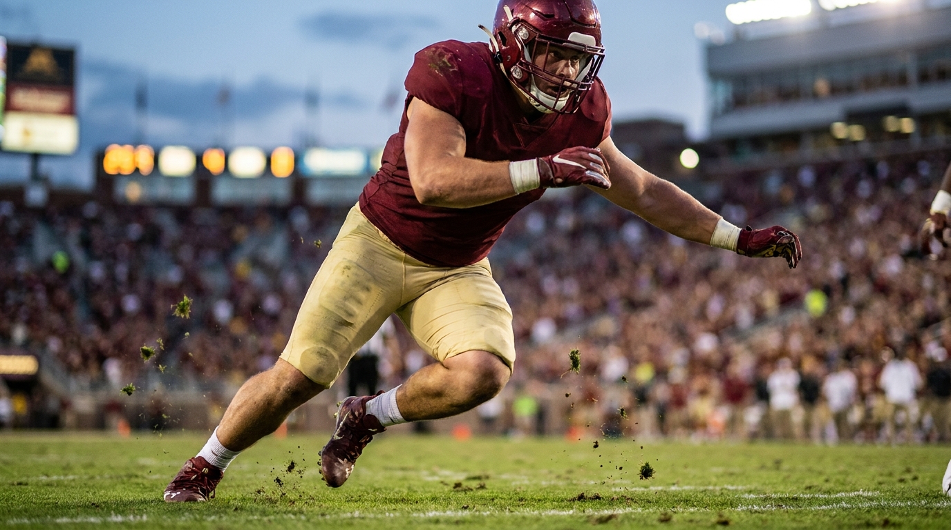 College defensive lineman exploding off the snap in game action, turf flying, blurred crowd