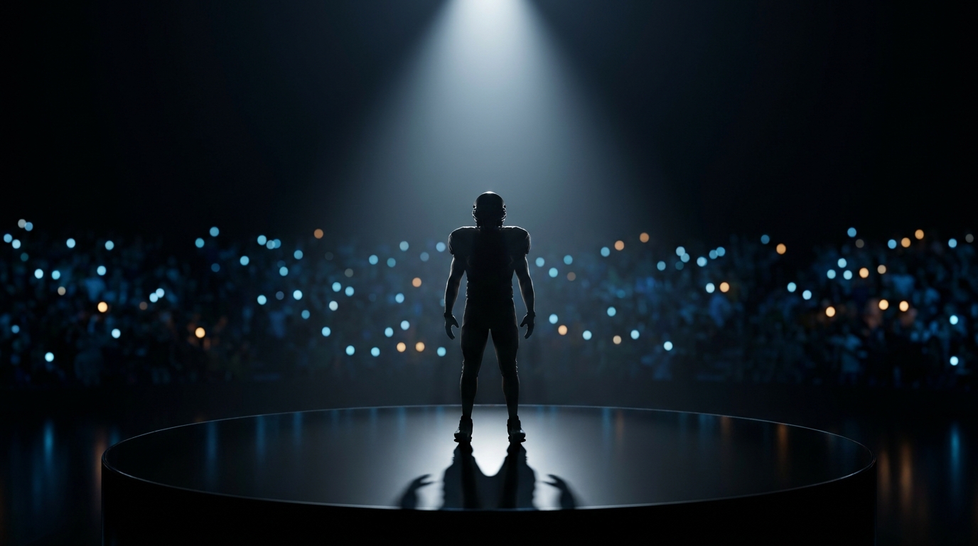Silhouette of a football player under a dramatic spotlight on a dark draft stage