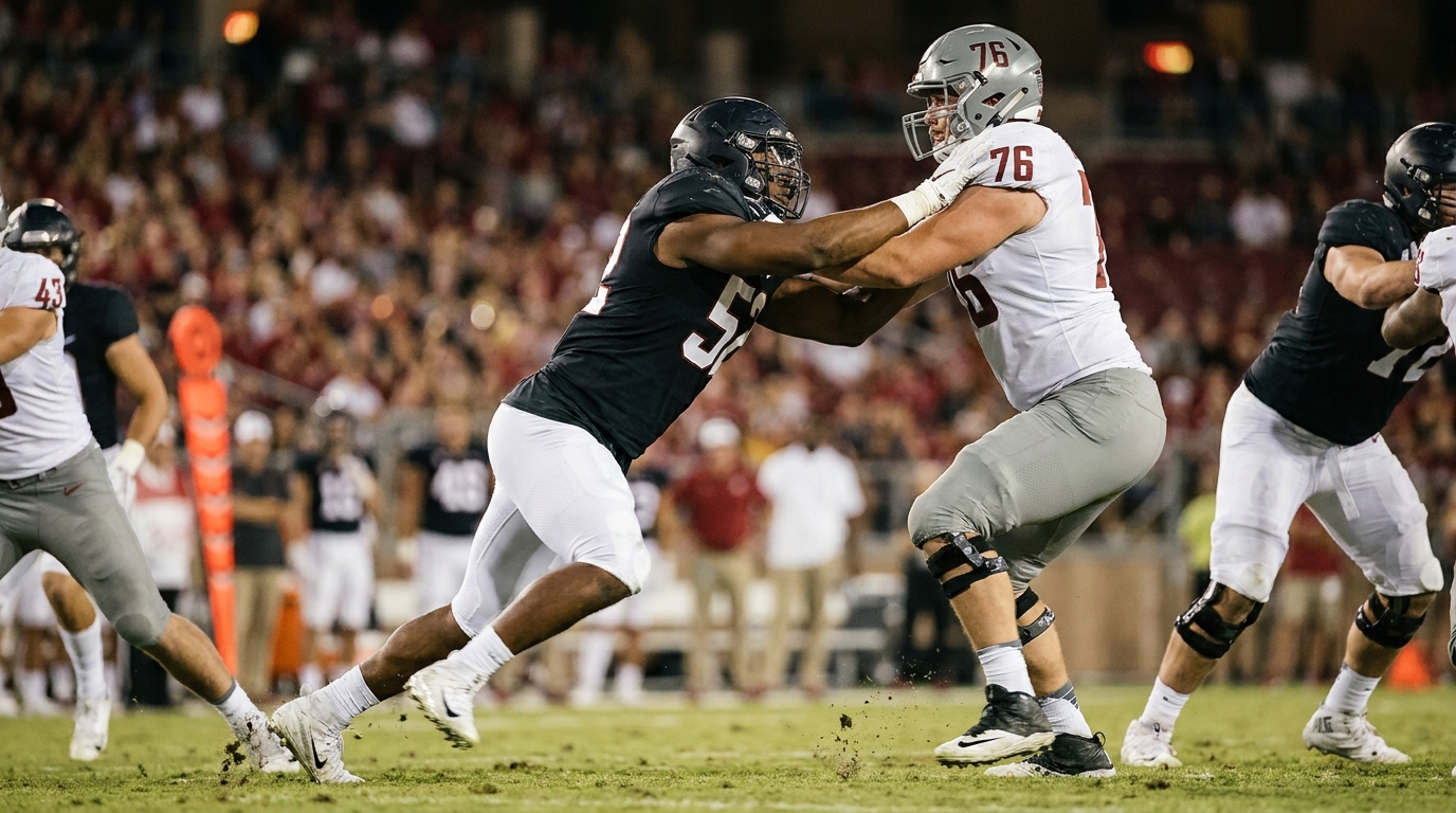 Edge rusher making a bull-rush move on an offensive lineman