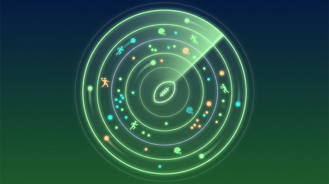 Football radar screen showing concentric green rings, sweeping beam, and small helmet-shaped blips