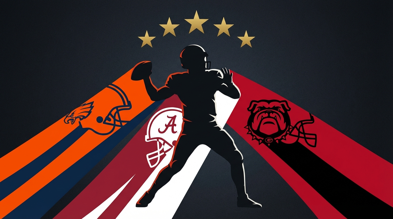 Five-star QB silhouette with Auburn orange navy, Alabama crimson white, Georgia red black color bands