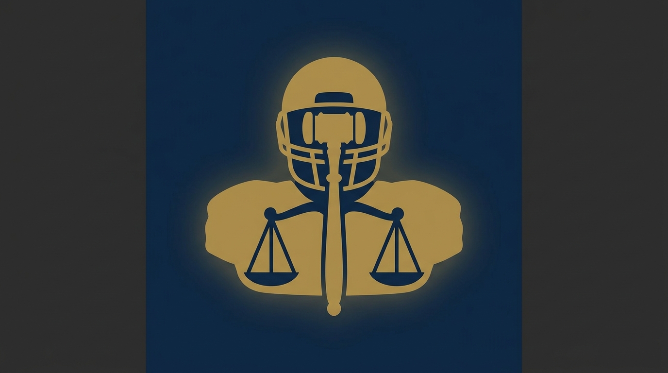 Silhouette of a college football player merged with scales of justice and a gavel