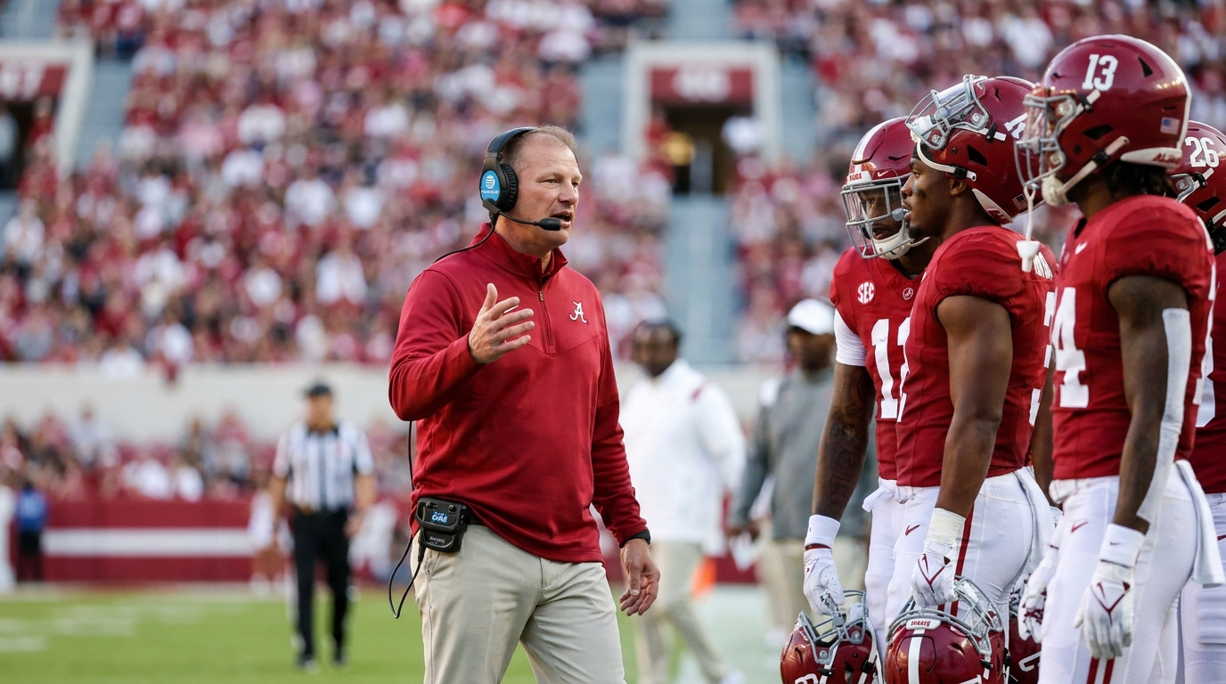 Kalen DeBoer on the sideline with Alabama players