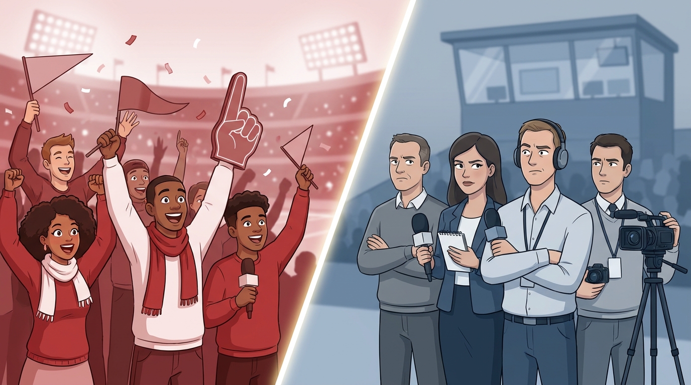 Split editorial illustration: excited fans on left and skeptical media on right