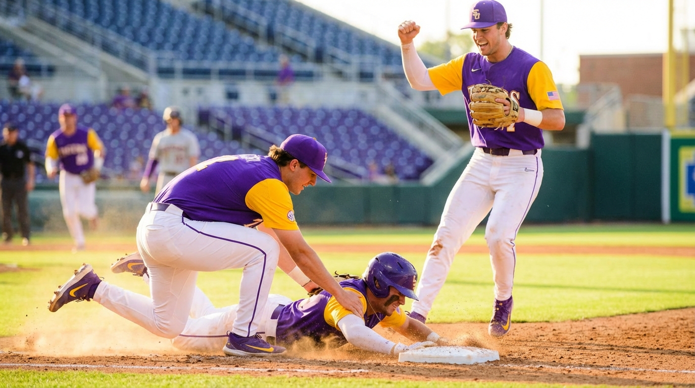 LSU baseball players celebrating a spirited team moment