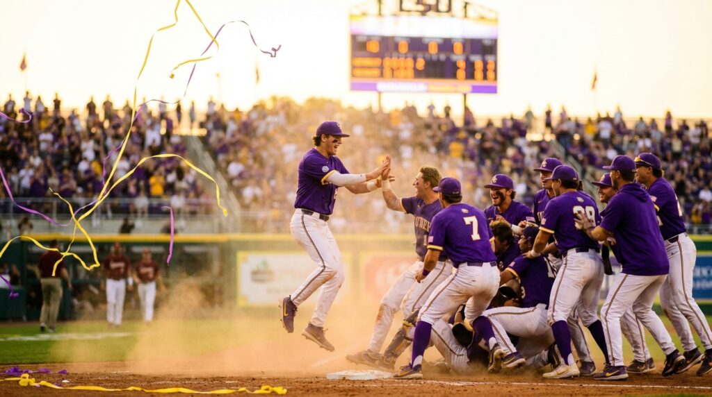LSU players celebrating a home run