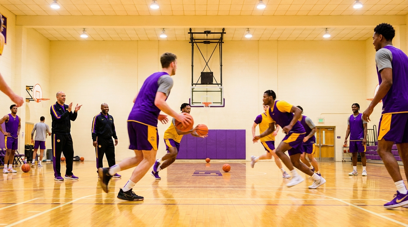 Indoor basketball court with energetic team practice