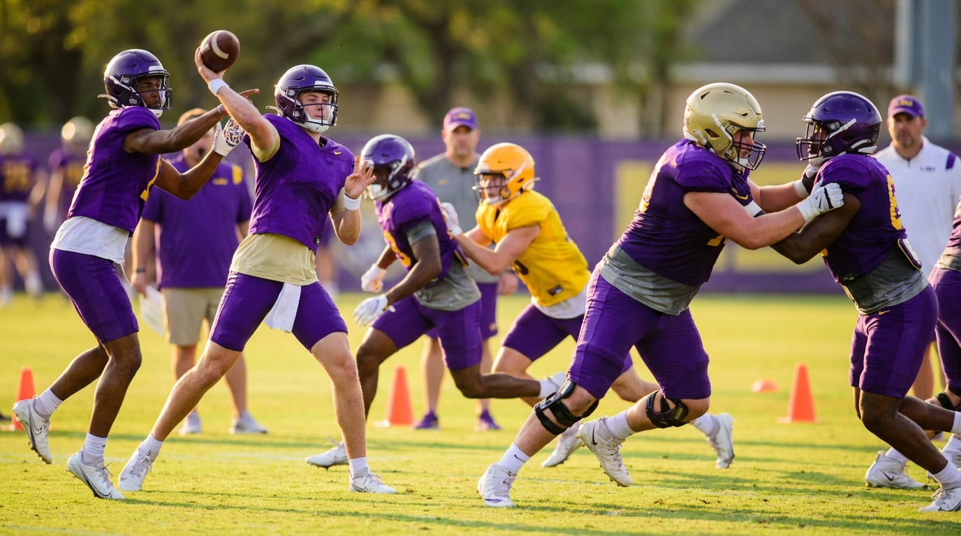 LSU spring practice players on the field