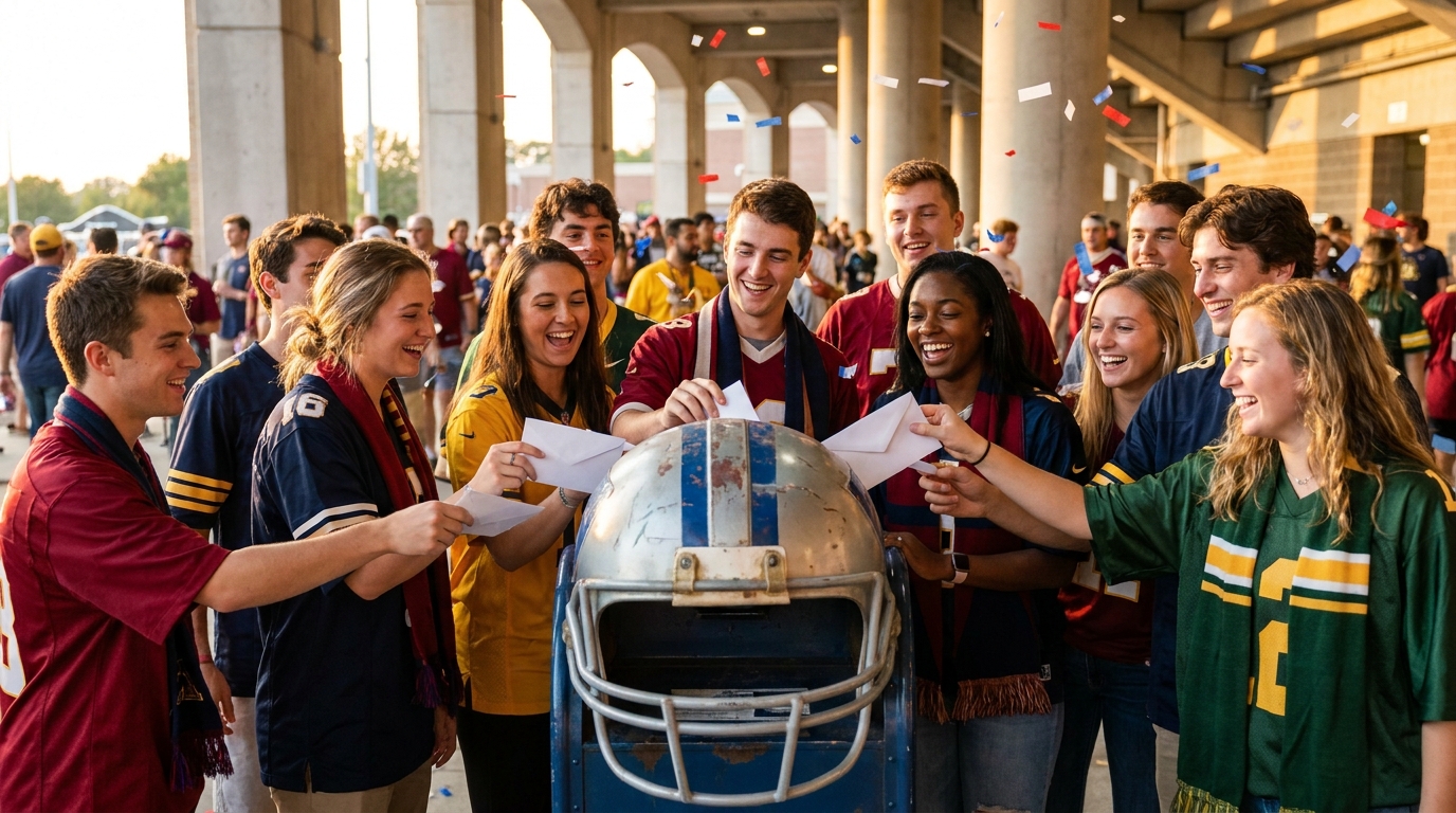 College fans dropping envelopes into a football helmet mailbox
