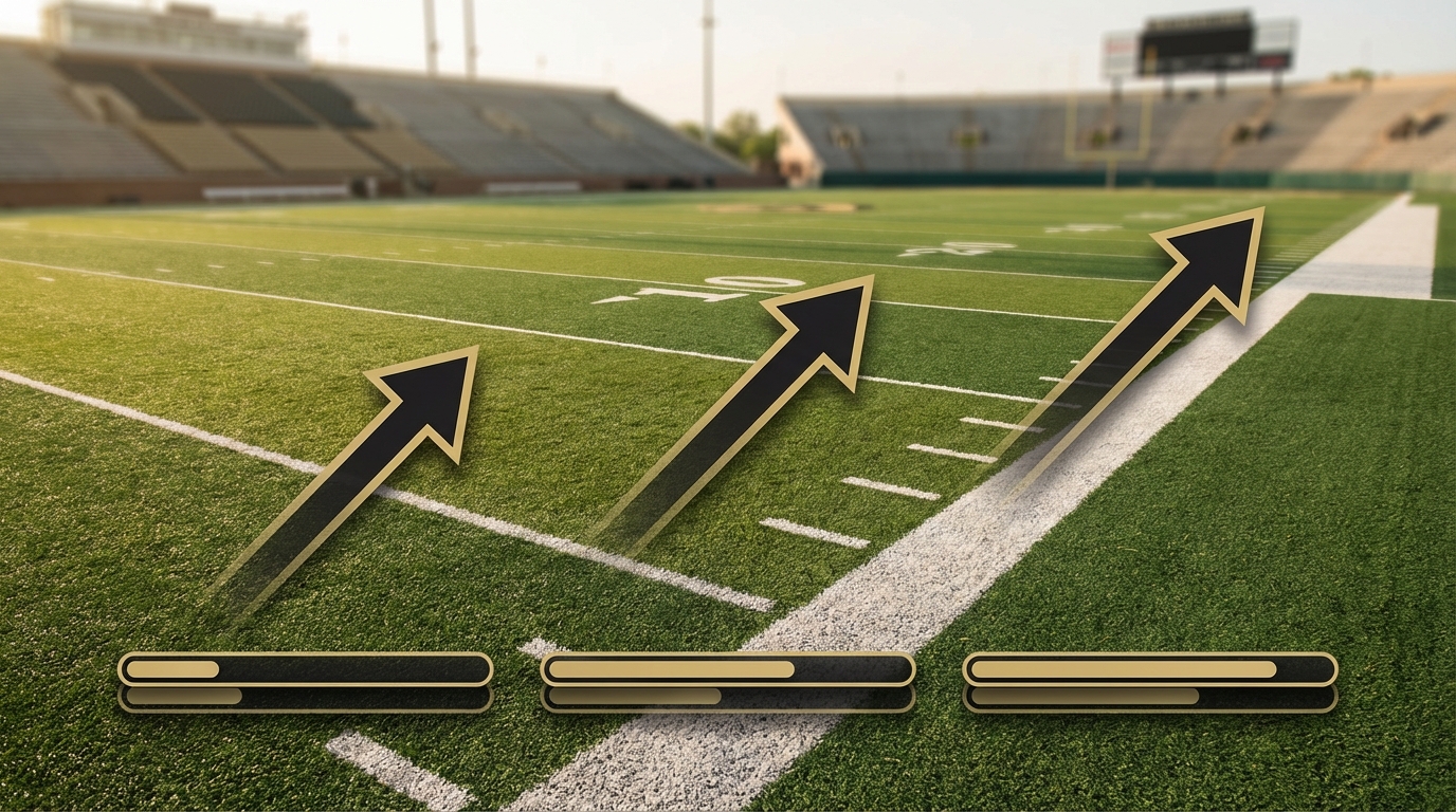 Football field with ascending arrows and progress bars symbolizing efficiency and growth