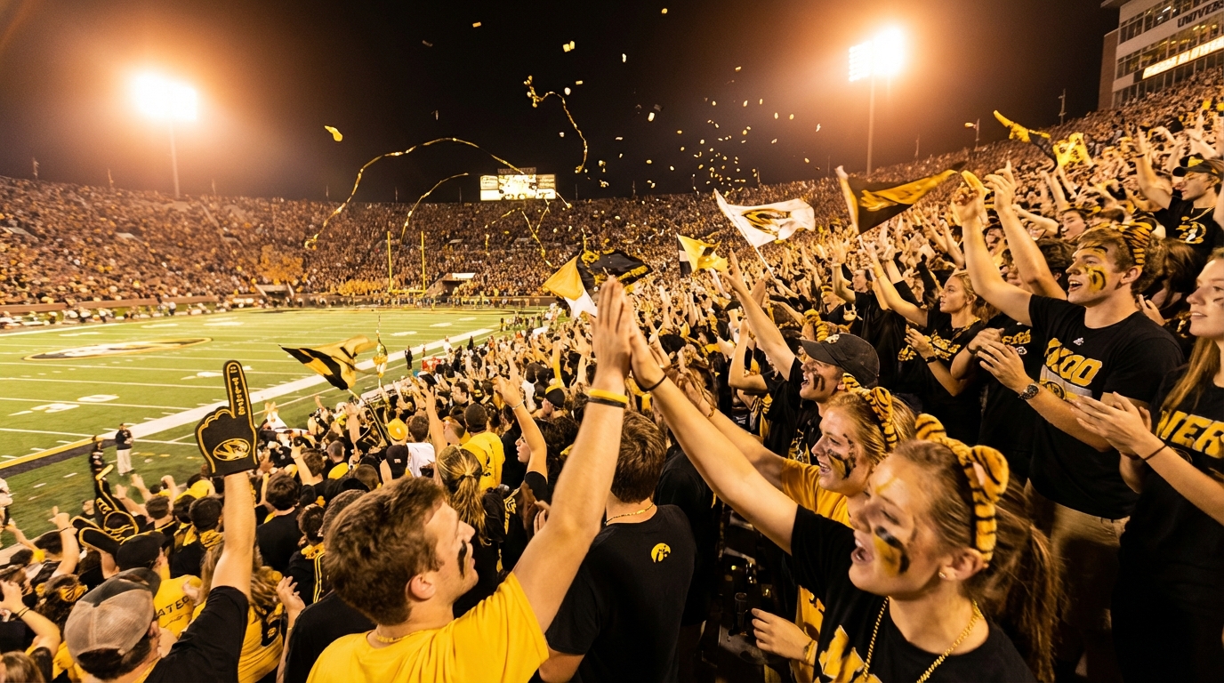 Crowd celebrating at Faurot Field