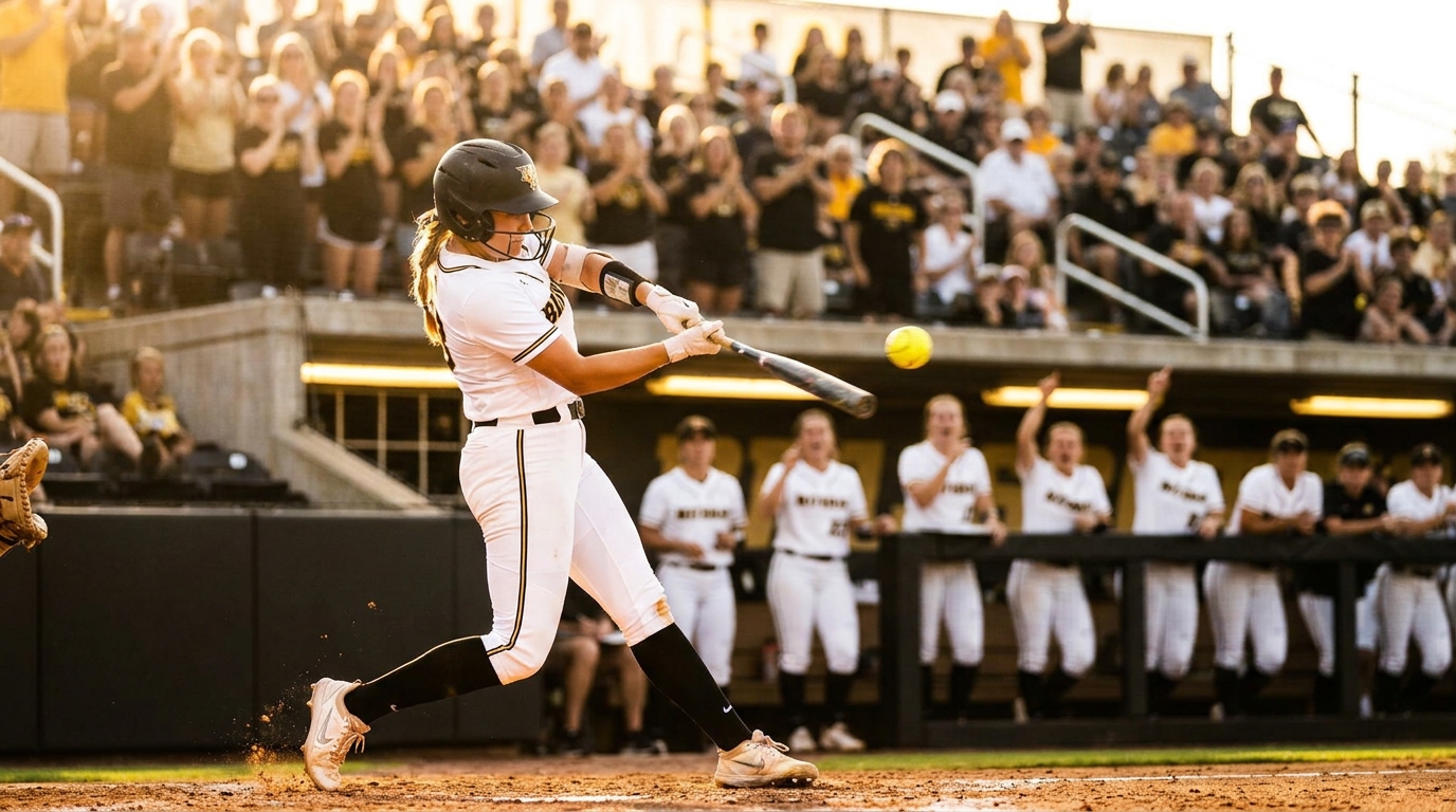 Mizzou batter mid-swing, fans cheering