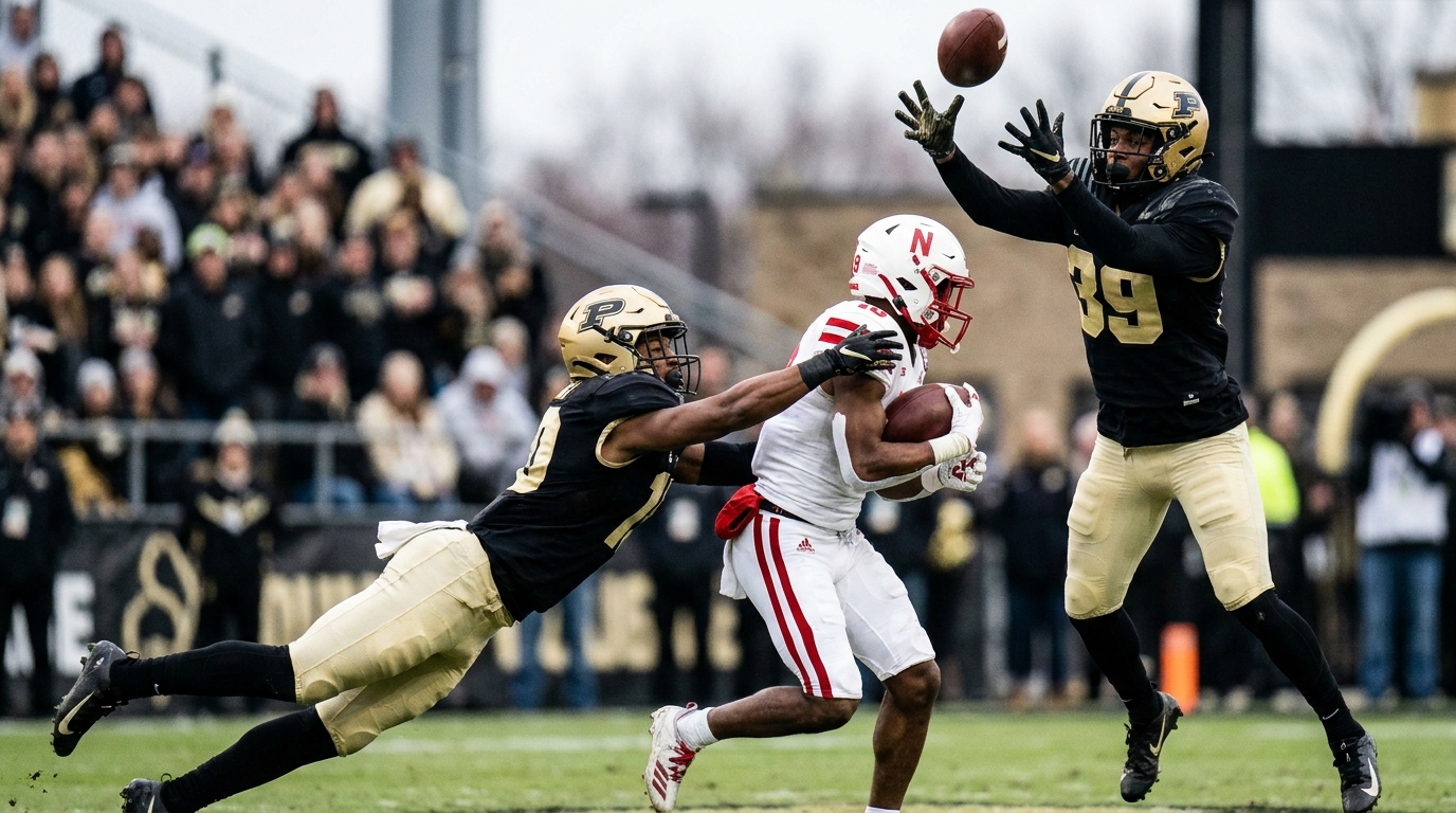 Two defenders causing a turnover: one strips a ballcarrier while another reaches for an interception