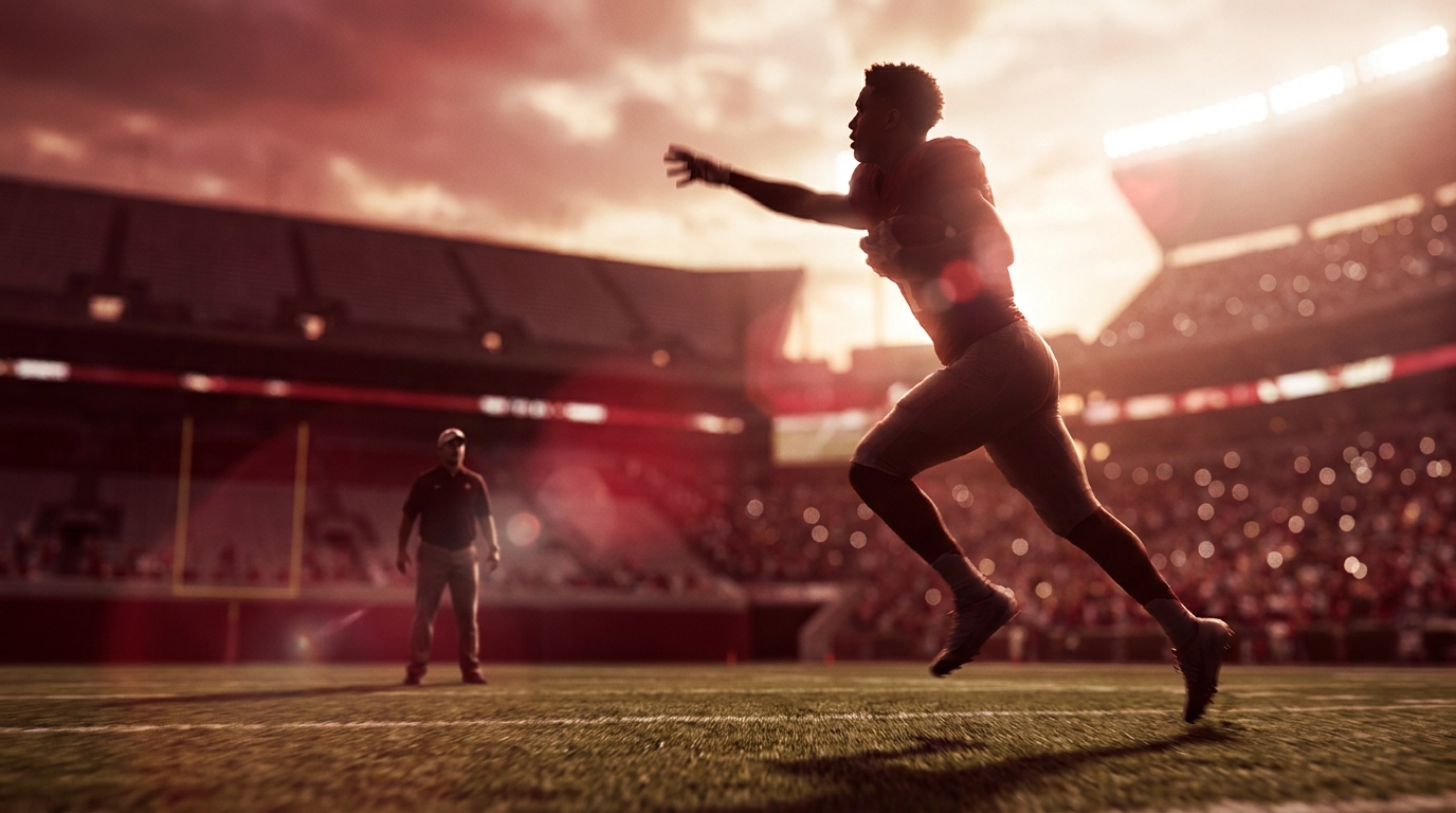 Silhouette of a young wide receiver leaping on an empty stadium field at sunset, crimson and white lighting, blurred crowd lights in the background