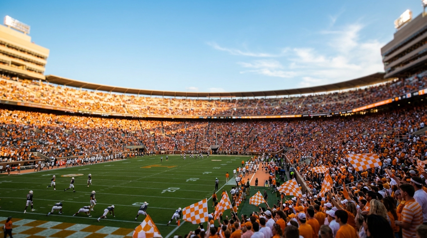 Neyland Stadium on spring game day with fans in orange and white
