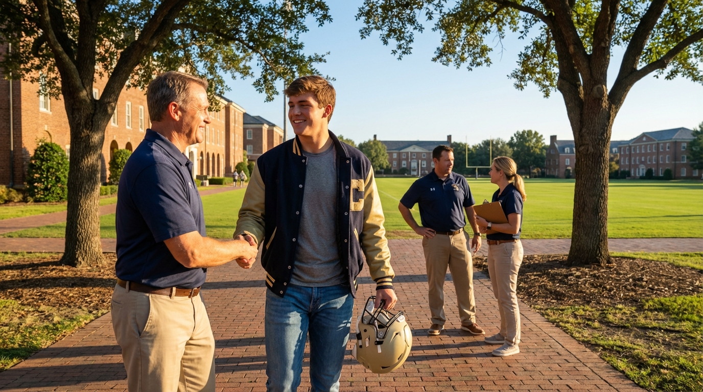 High-school quarterback visiting college campus, shaking hands with coaching staff