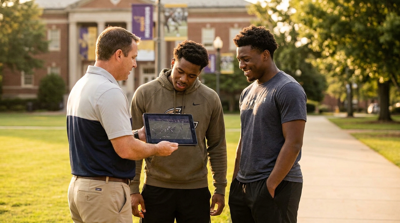 Coach reviewing highlights with recruits on a sunlit campus