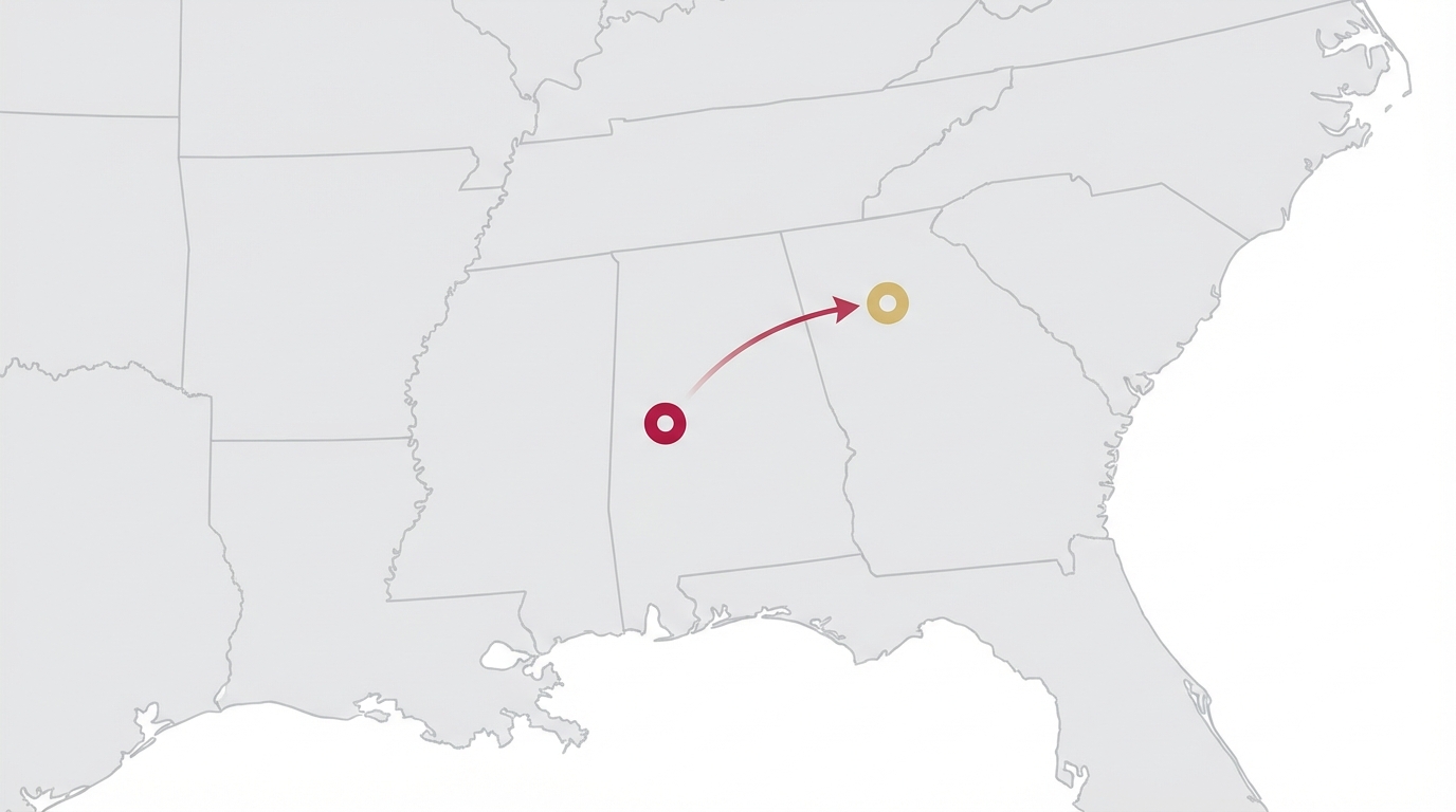 Clean vector map of the southeastern United States showing markers for Tuscaloosa and Atlanta with a curved route connecting them