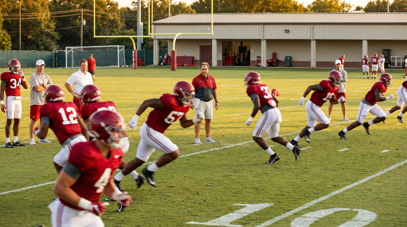 Alabama spring practice session with players sprinting and coaches observing