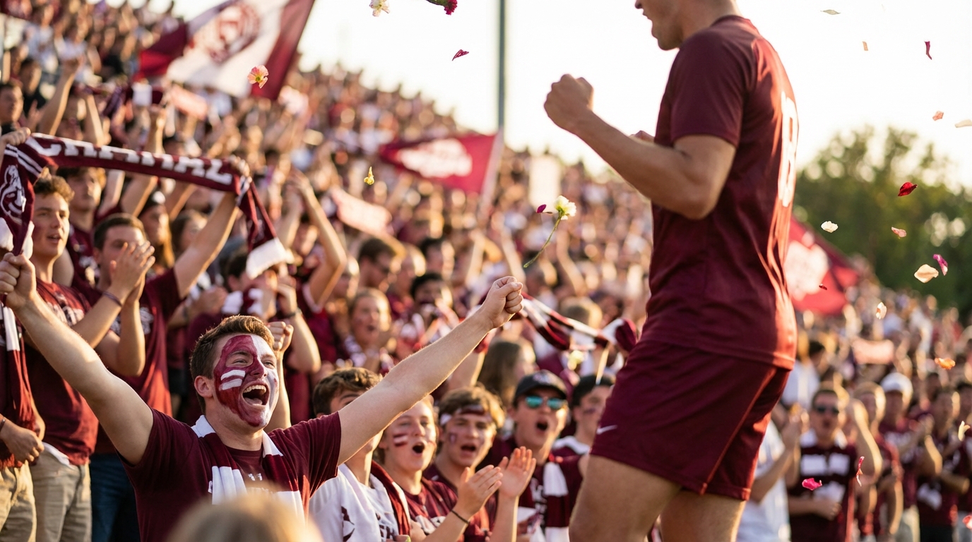 Crowd of Texas A&M fans cheering in maroon and white