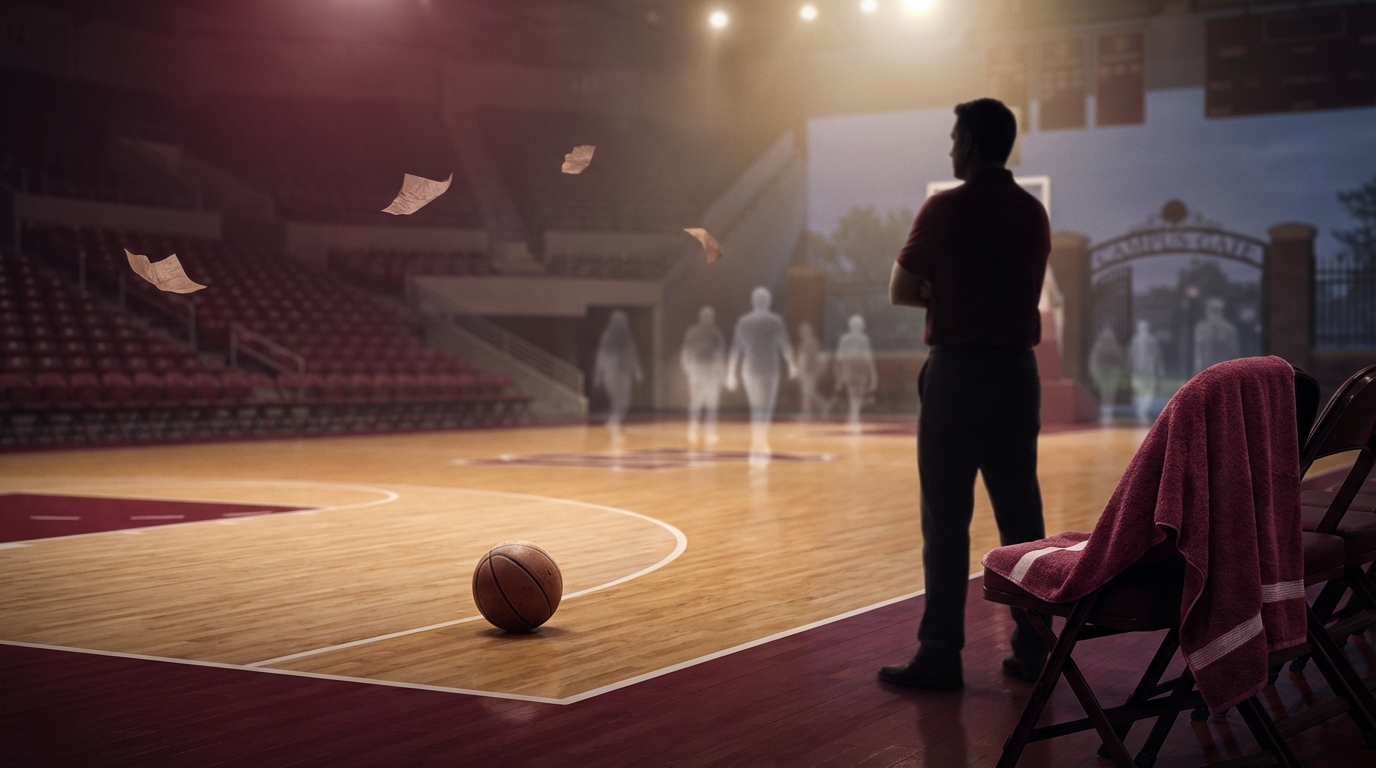 Calm empty Texas A M basketball court at twilight with coach silhouette and faint translucent figures suggesting player movement and floating paper shapes hinting at coaching rumors