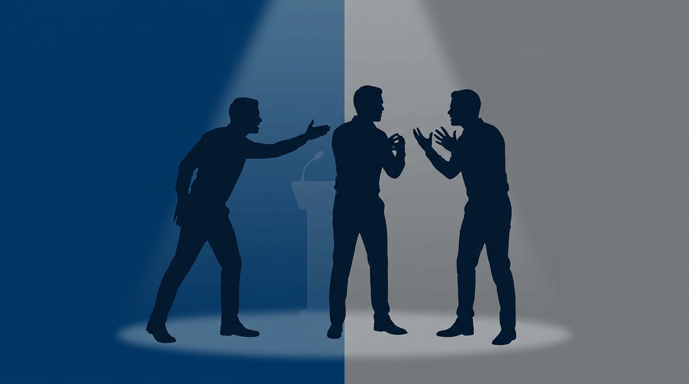 Three silhouettes of people in discussion against a split collegiate blue and gray backdrop, symbolizing leadership tension and controversy at the University of Kentucky