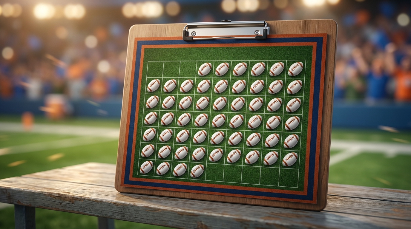 Close-up calendar clipboard with 100 small football icons arranged in a 10 by 10 grid, stadium bokeh background