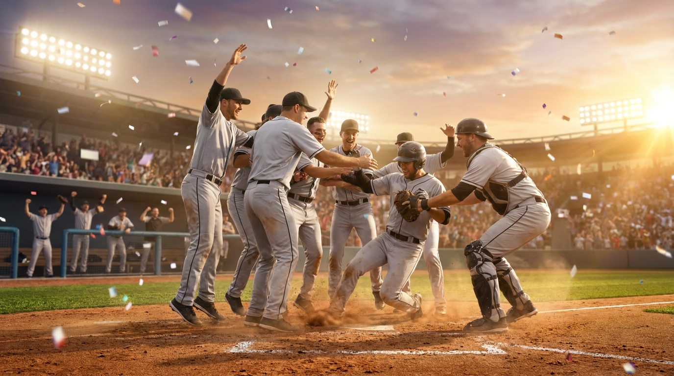 Players celebrating a comeback on the baseball field