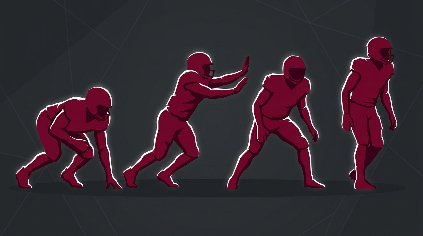 Stylized silhouettes of Texas A&M defensive players in maroon and white