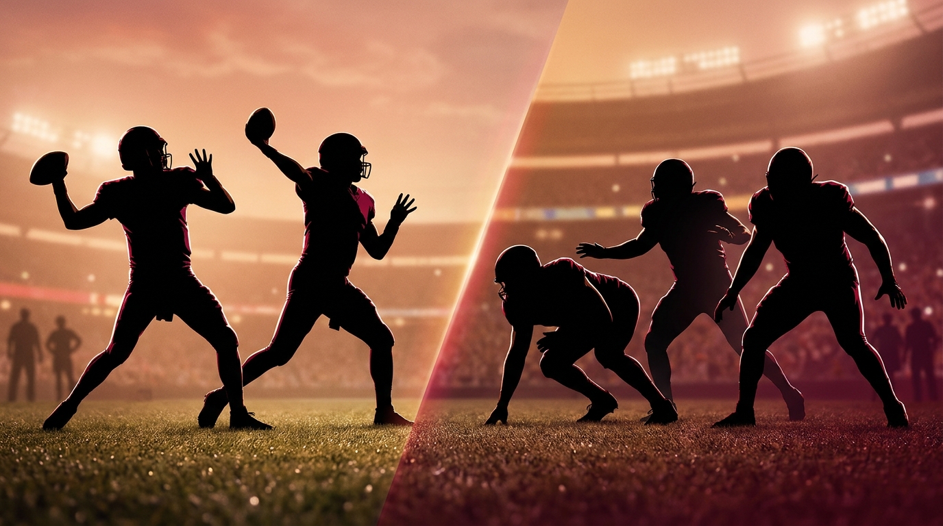 Quarterback and defensive line silhouettes