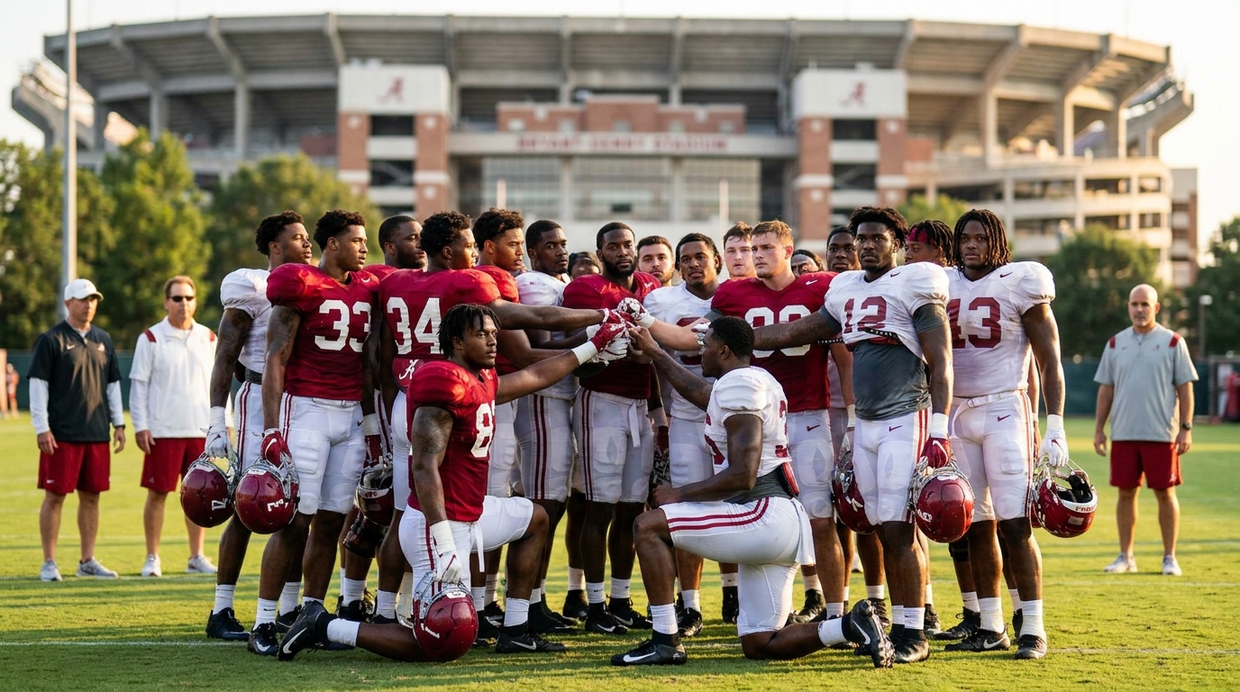 Alabama Crimson Tide players in a tight, determined huddle on a practice field at golden hour