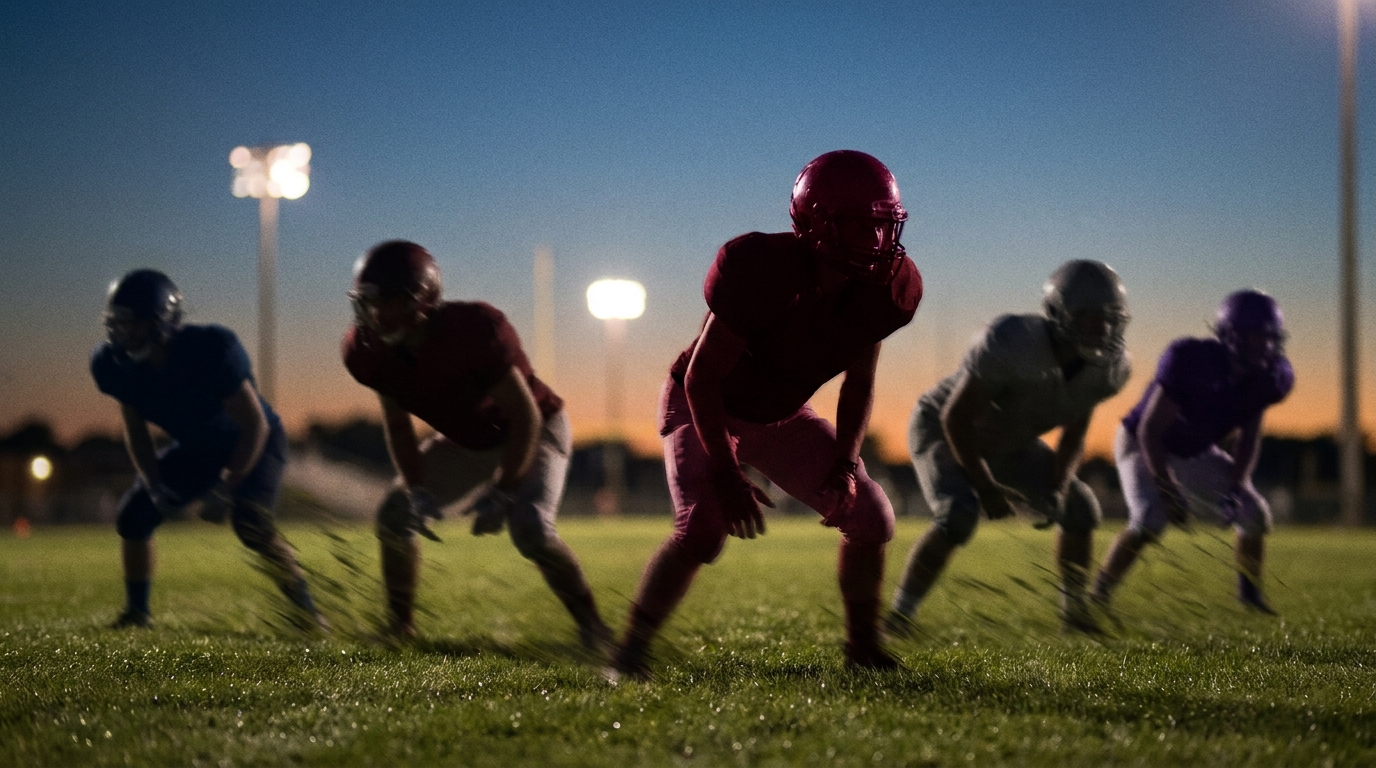 Silhouettes of five linebackers on a high school football field at dusk, one tinted crimson in the foreground to suggest Alabama, others in nonbranded colors, conveying competition and urgency.