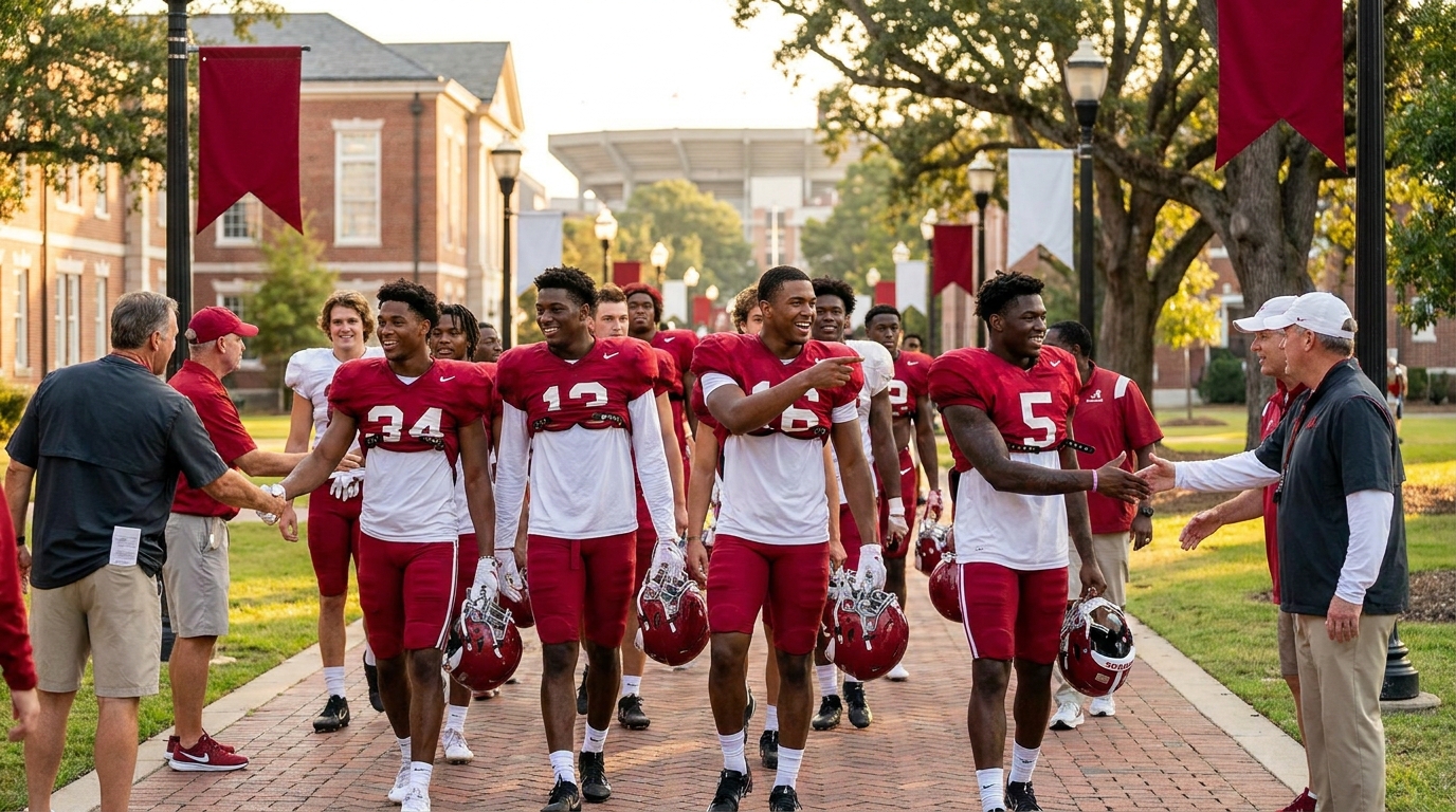 Recruits touring University of Alabama campus carrying helmets and wearing crimson practice gear