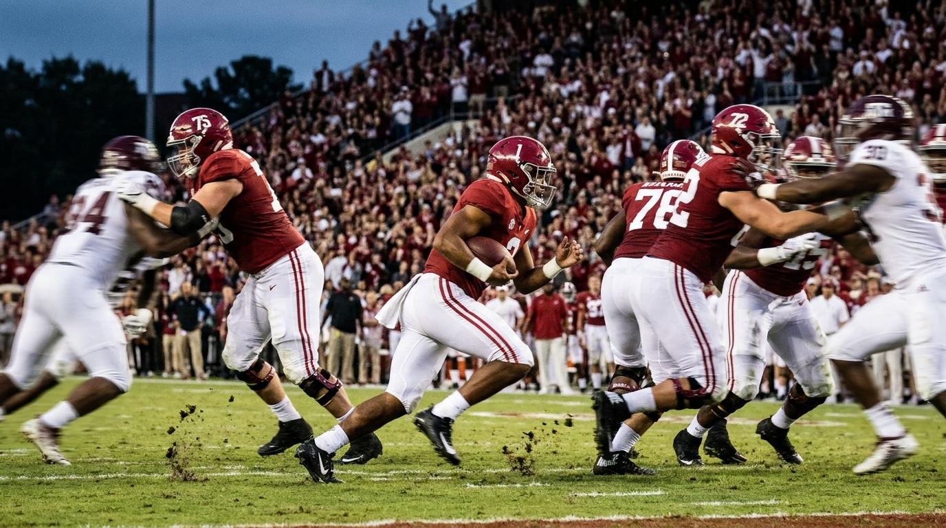 Alabama Crimson Tide players sprinting and blocking during a game