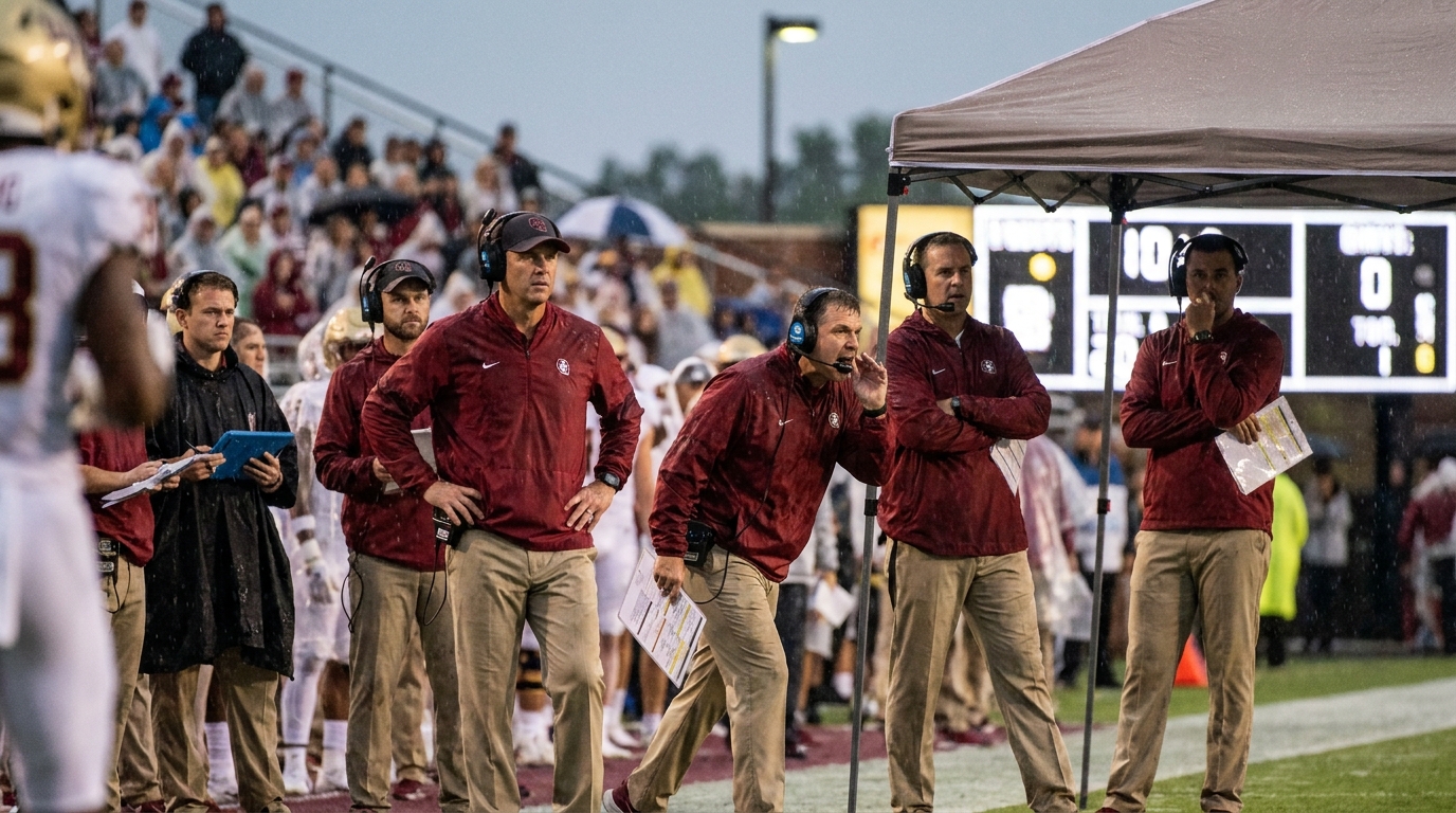 Football sideline coaches looking stressed during a rainy game