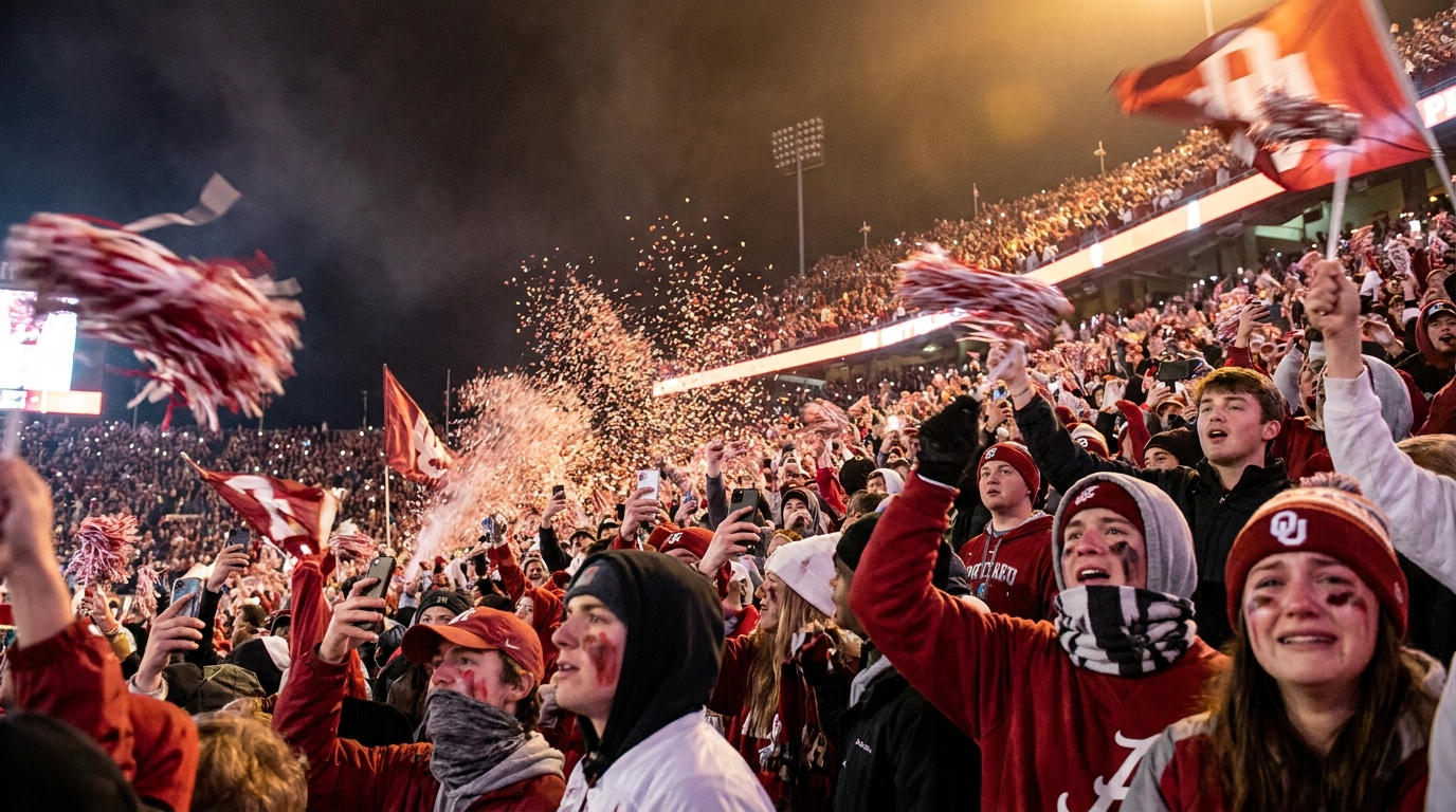 Alabama fans cheering in stadium, crimson and white sea, confetti and waving flags, night game lights, vivid color