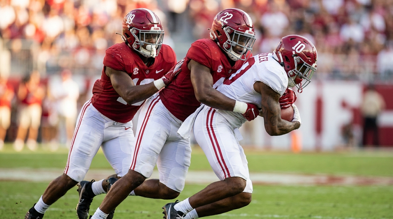 Alabama linebackers pursuing and tackling a wide receiver in a late afternoon game action shot, conveying energy and strength