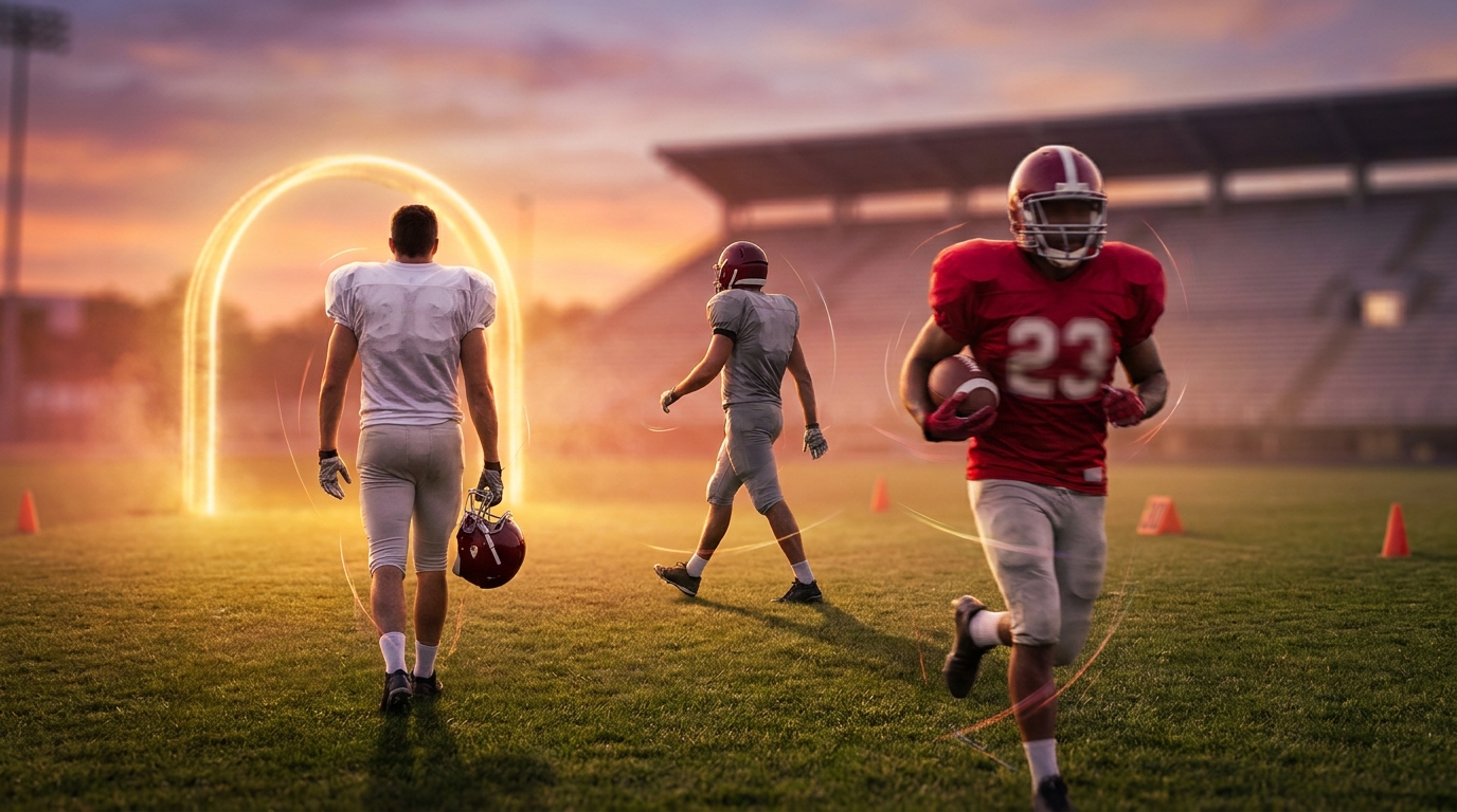 Three college football players symbolizing transfer movement