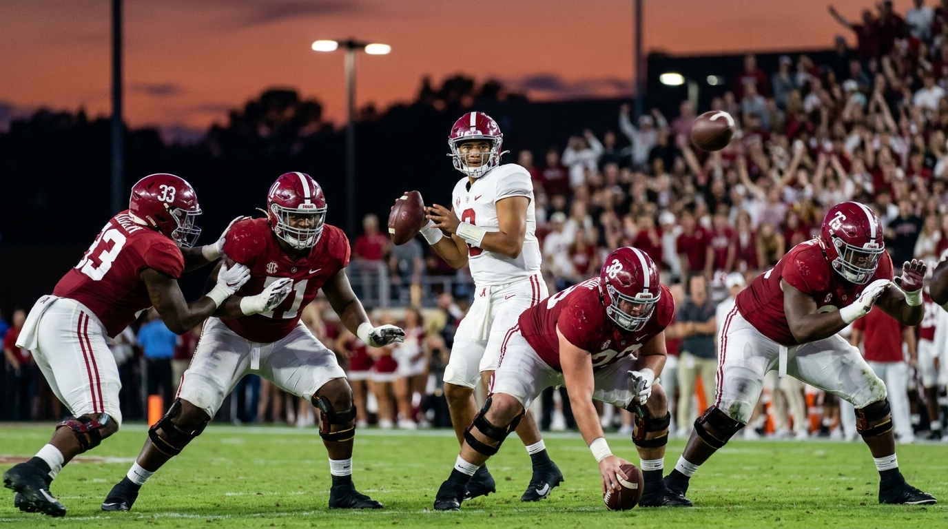 Alabama offensive line and quarterback teamwork