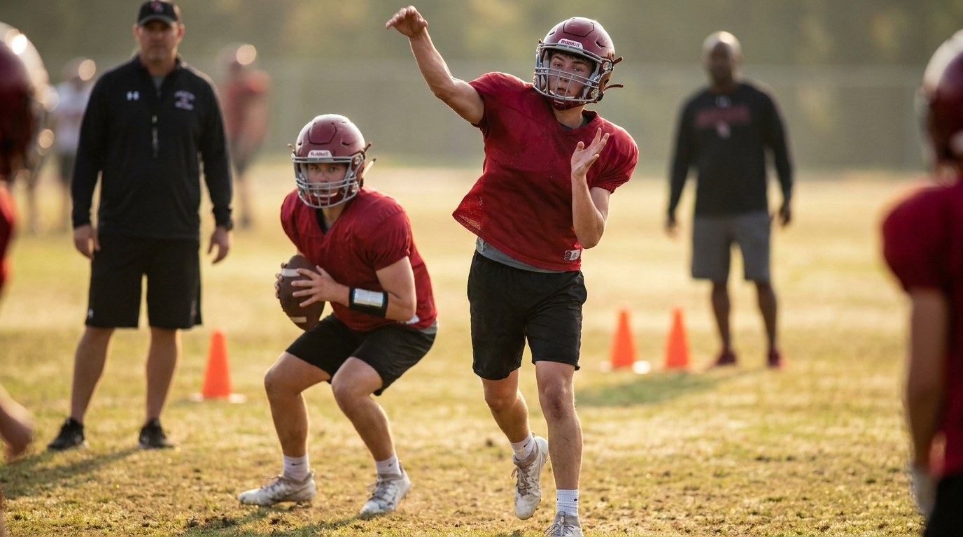 Two young quarterbacks in crimson practice jerseys training under golden hour light, one mid-throw, one in pocket-simulation drill, blurred coaches and cones in background
