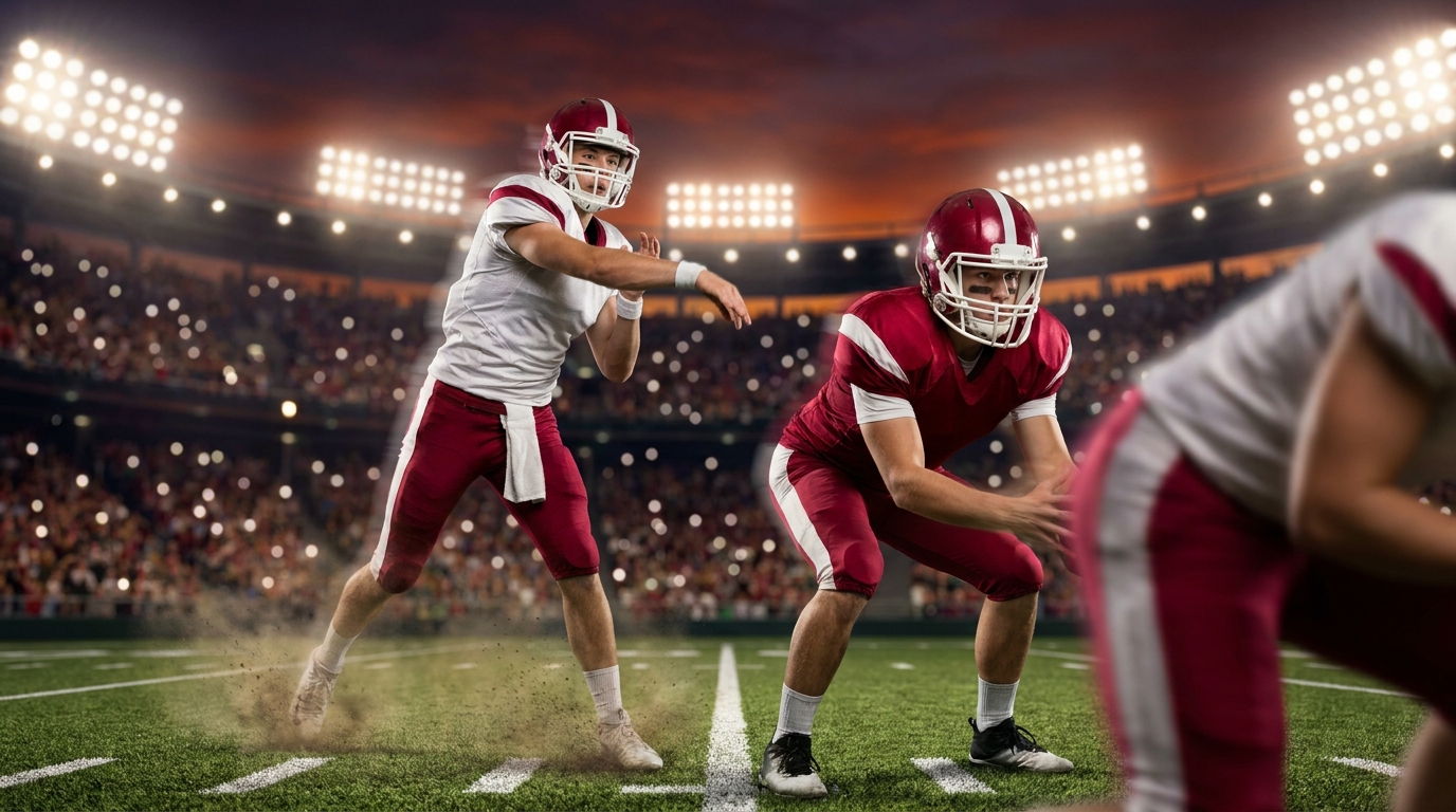 Two young quarterbacks in action on a lit football field