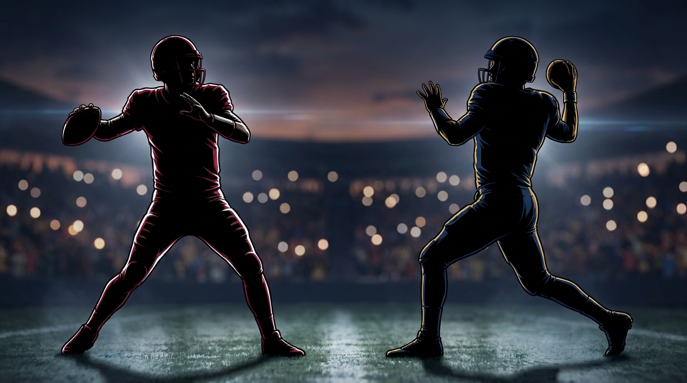 Two opposing quarterback silhouettes preparing to throw in a dusk stadium with crimson and white accent lighting, subtle motion blur, and soft bokeh crowd