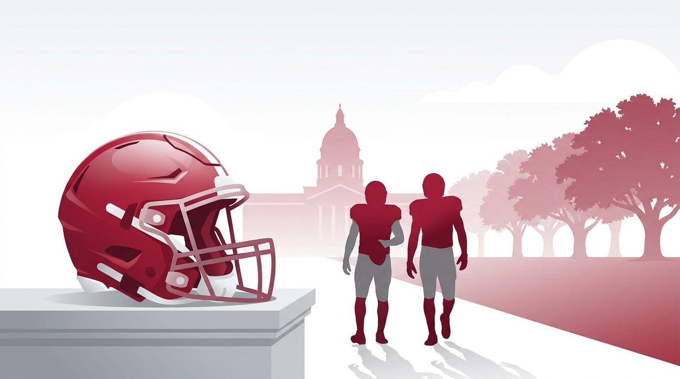 Crimson helmet and player silhouettes