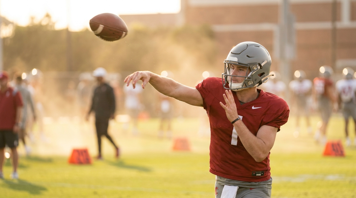 Quarterback mid-throw during Alabama spring practice