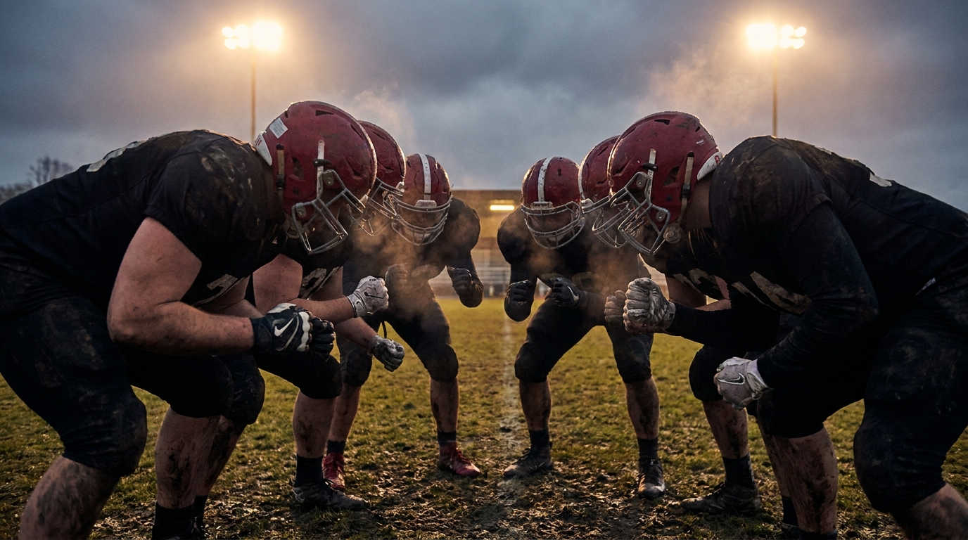 Defensive line practice, crimson accents, mud and turf spray