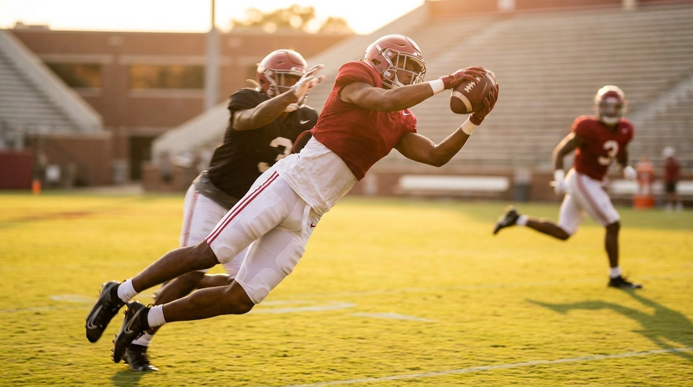 Alabama wide receivers catching a pass during practice