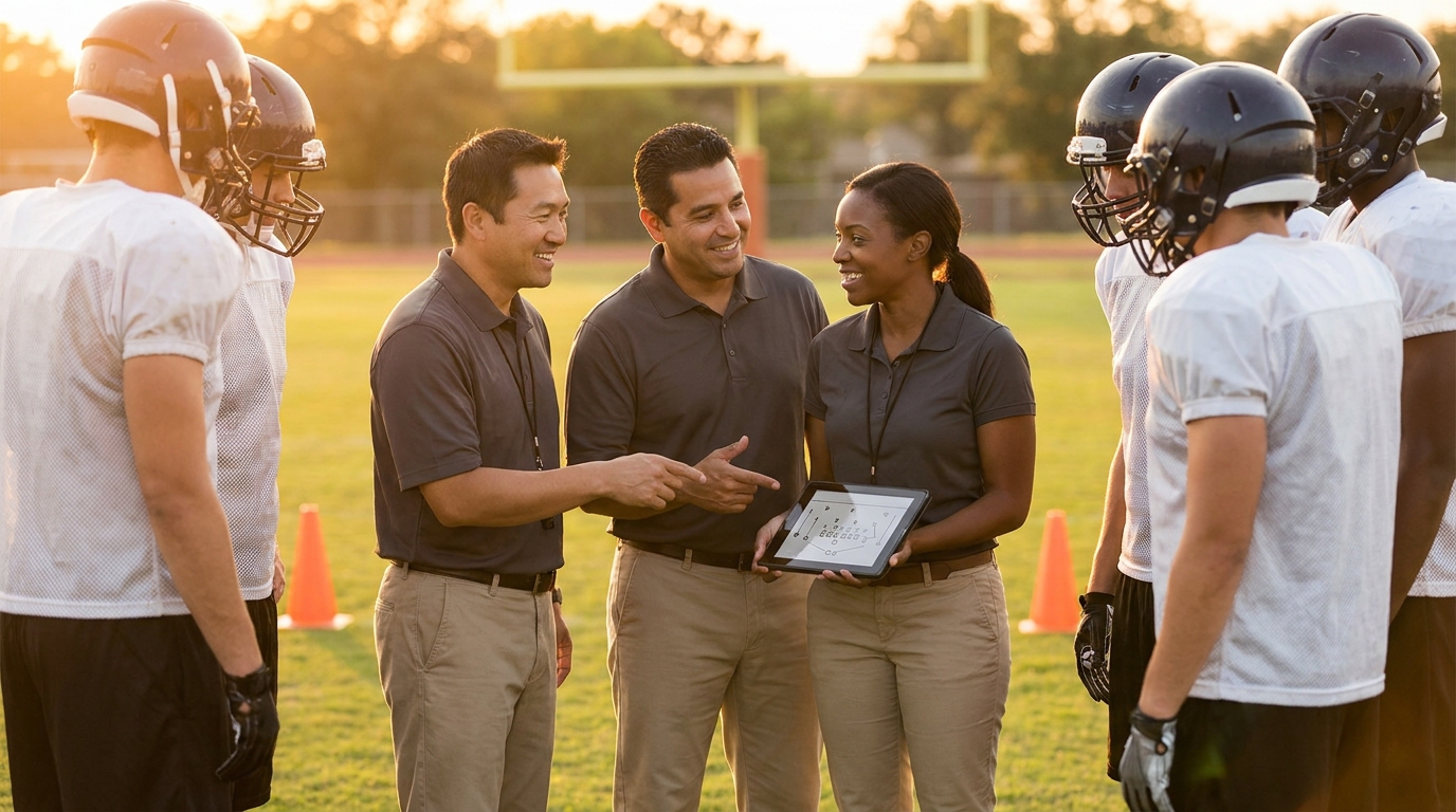 Three diverse football analysts collaborating on a college practice field