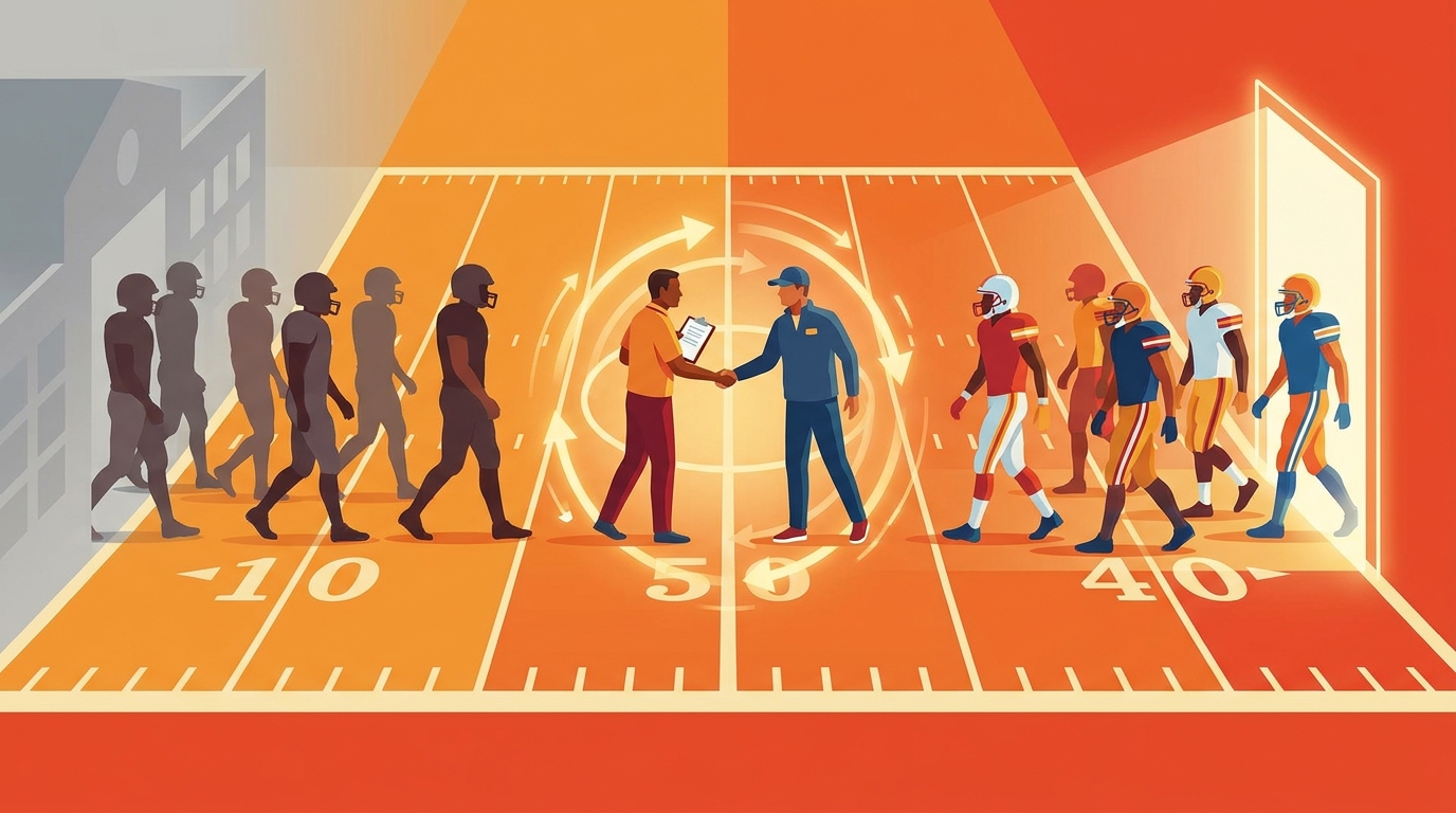 Illustration of player movement and coaching changes on a football field